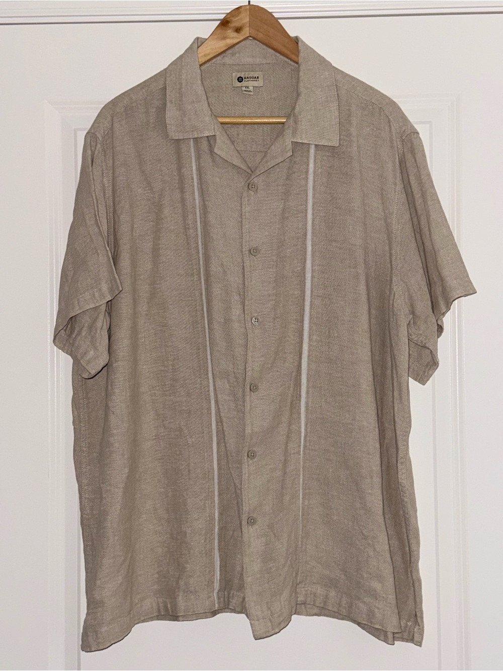 Haggar Men’s XXL Linen Blend Short Sleeve Camp Shirt Taupe Striped
